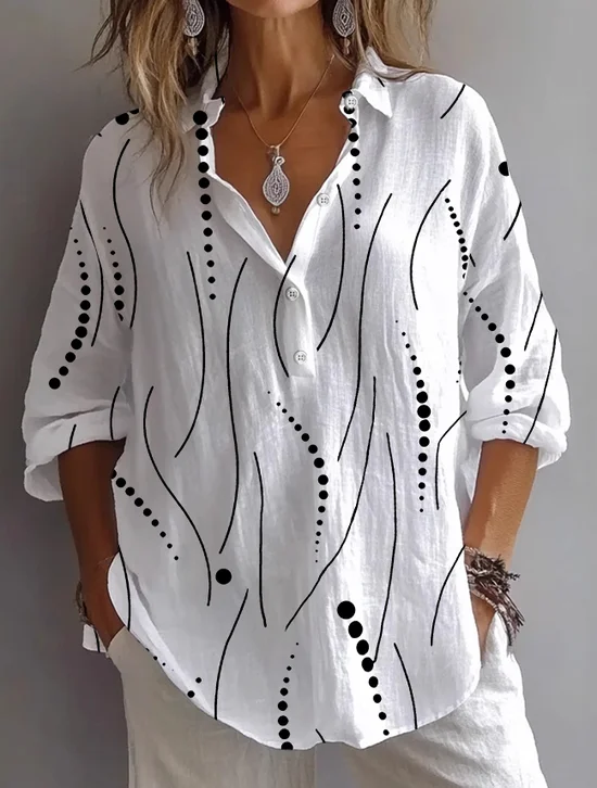 Hemdkragen Langarm Gestreift Print Regelmäßig Weit Knopfhemd Bluse für Damen