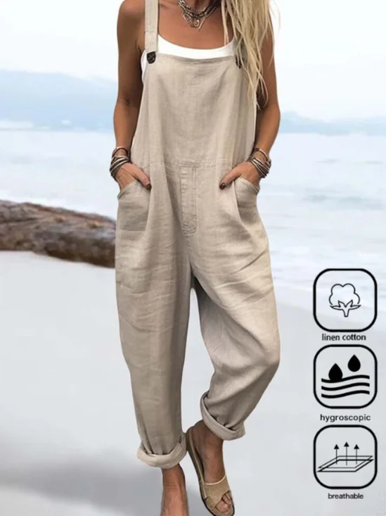 Damen Unifarben Karree-Ausschnitt Gallus Lässig Sommer Leinen Jumpsuit