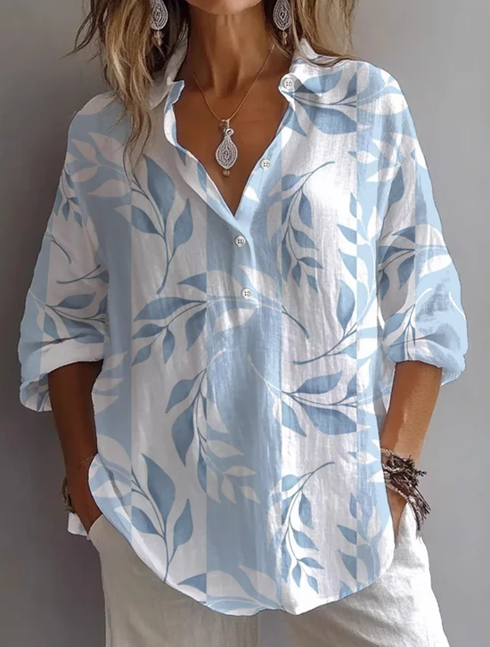 Hemdkragen Langarm Geblümt Print Regelmäßig Weit Knopfhemd Bluse für Damen