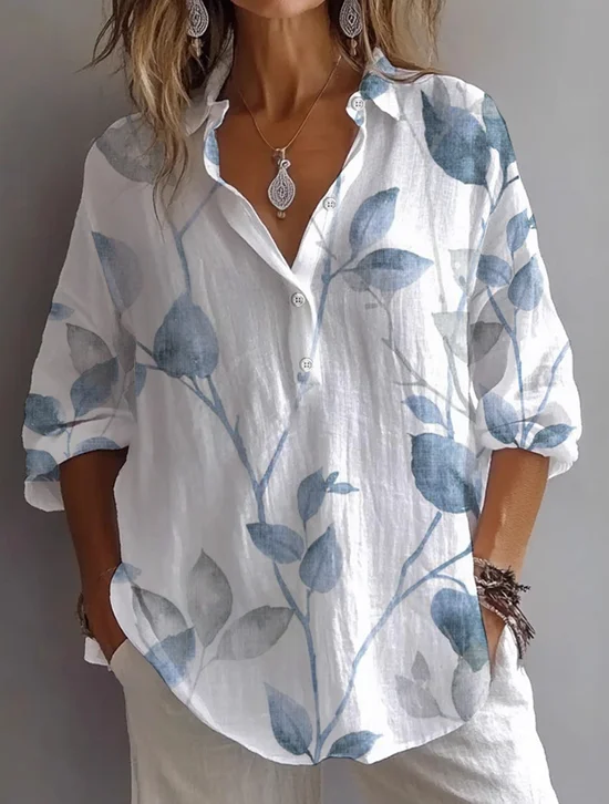 Hemdkragen Langarm Geblümt Print Regelmäßig Weit Knopfhemd Bluse für Damen