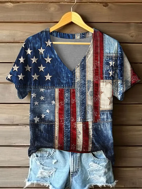 Lässig Tag der Unabhängigkeit (Flagge) V-Ausschnitt Kurzarm T-Shirt