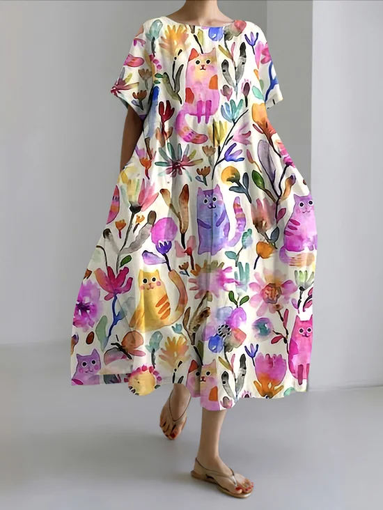 Damen Geblümt Sommer Kleid Rundhals Kurzarm A-Linien-Kleid