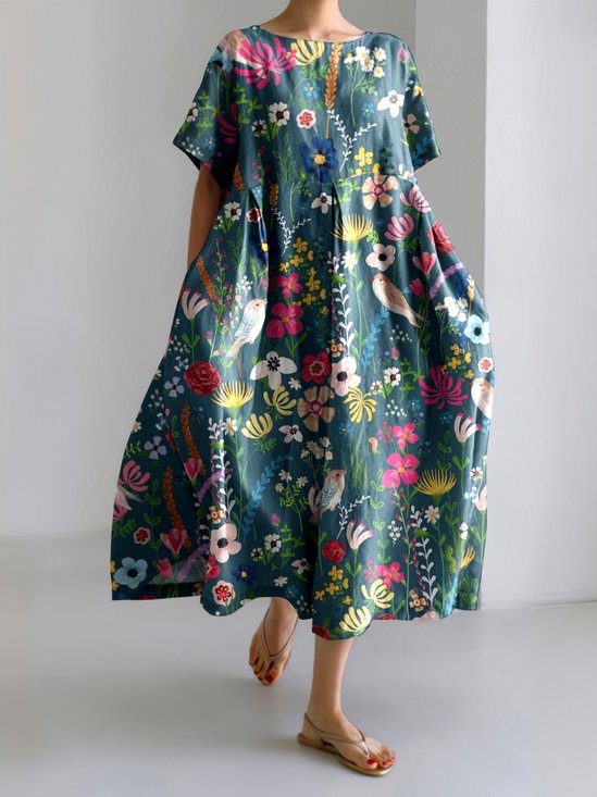Damen Geblümt Sommer Kleid Rundhals Kurzarm A-Linien-Kleid