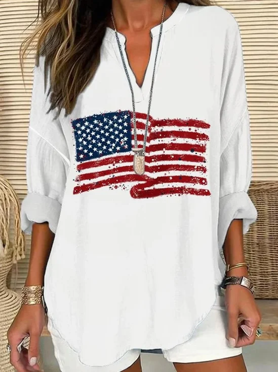 V-Ausschnitt Langarm Amerika-Flagge Regelmäßig Mikroelastizität Regelmäßige Passform Bluse für Damen