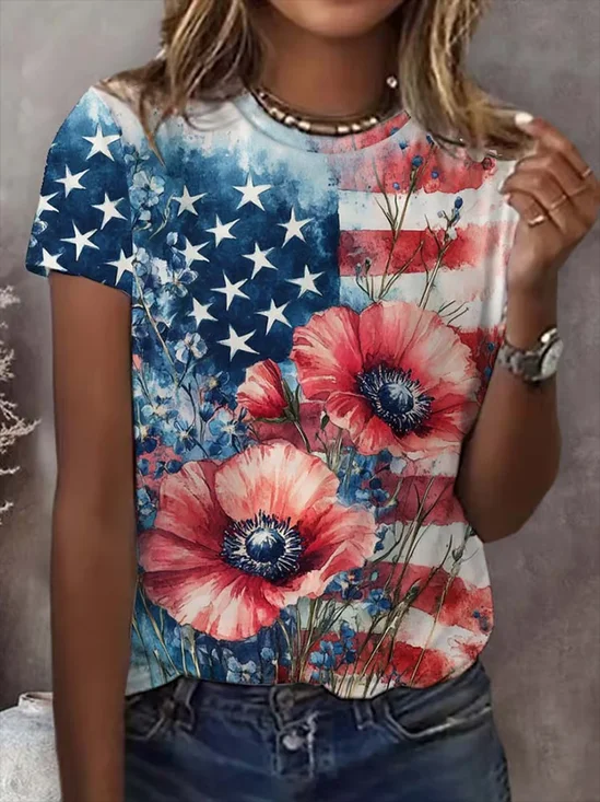 Lässig Geblümt Rundhals Kurzarm T-Shirt