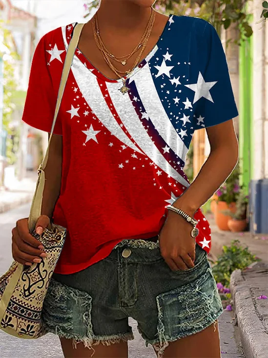 Lässig Tag der Unabhängigkeit (Flagge) V-Ausschnitt Kurzarm T-Shirt