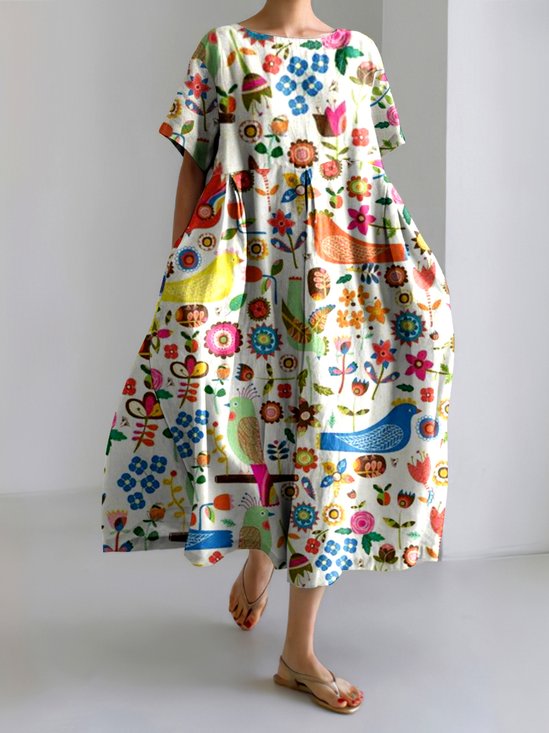 Damen Geblümt Sommer Kleid Rundhals Kurzarm A-Linien-Kleid
