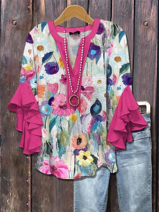 V-Ausschnitt Halbarm Geblümt Print Regelmäßig Weit Bluse für Damen