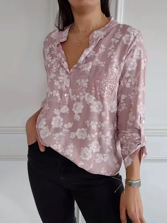 Hemdkragen Langarm Geblümt Regelmäßig Mikroelastizität Regelmäßige Passform Bluse für Damen