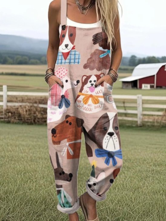 Damen Tier Karree-Ausschnitt Gallus Lässig Sommer Baumwolle Leinen Jumpsuit