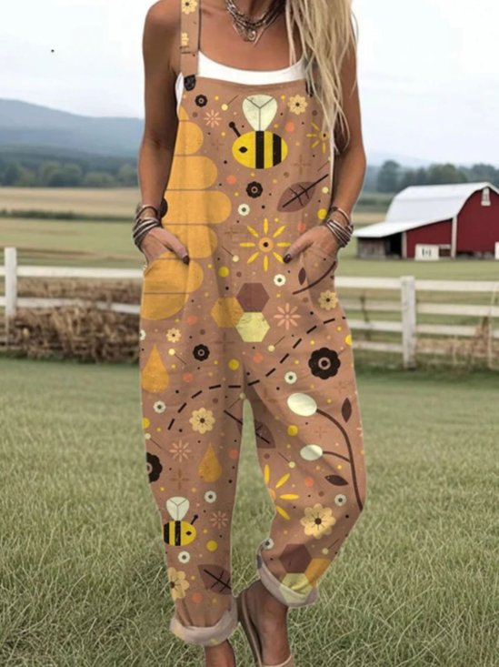 Damen Tier Karree-Ausschnitt Gallus Lässig Sommer Baumwolle Leinen Jumpsuit