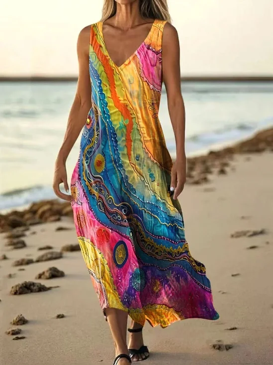 Damen Multifarben Block Sommer Kleid V-Ausschnitt Ärmellos A-Linien-Kleid