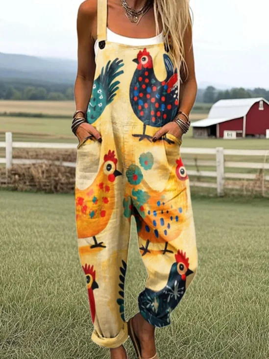 Damen Tier Karree-Ausschnitt Gallus Lässig Sommer Baumwolle Leinen Jumpsuit