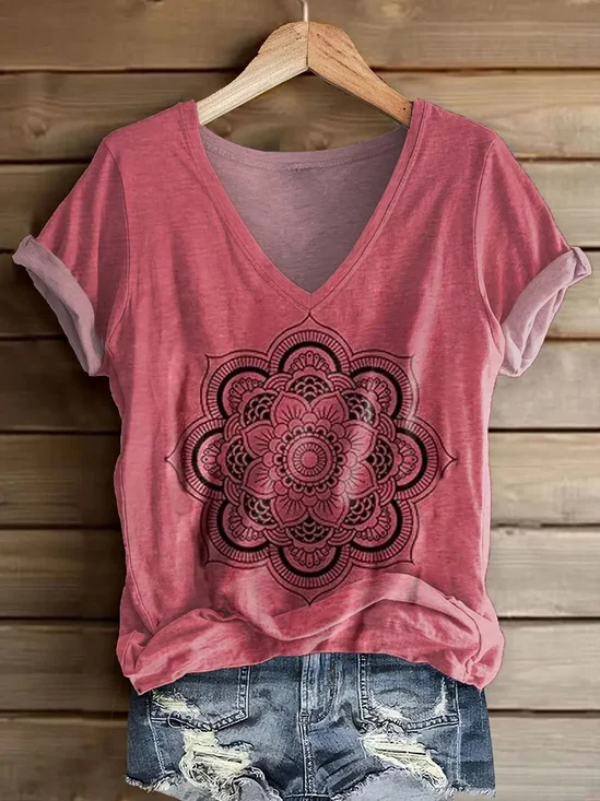 Lässig Ethnisch Geometrie V-Ausschnitt Kurzarm T-Shirt