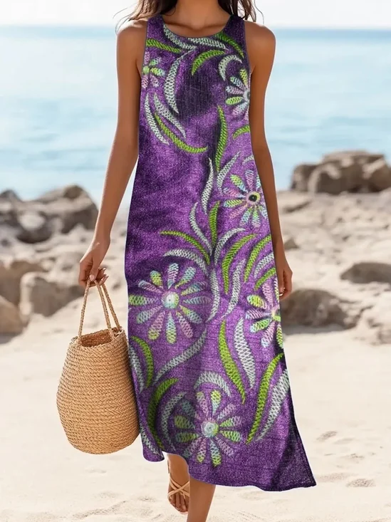 Damen Geometrisch Sommer Kleid Rundhals Ärmellos A-Linien-Kleid