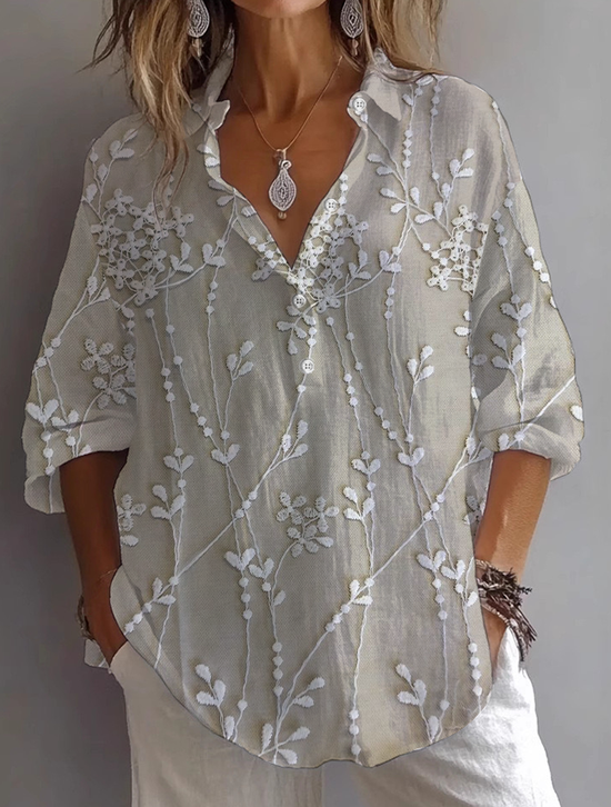 Hemdkragen Langarm Geblümt Print Regelmäßig Weit Bluse für Damen