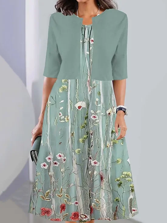 Damen Geblümt Sommer Kleid Rundhals Kurzarm A-Linien-Kleid