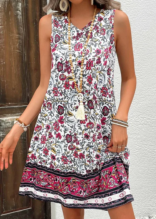 Damen Geblümt Sommer Kleid V-Ausschnitt Ärmellos A-Linien-Kleid