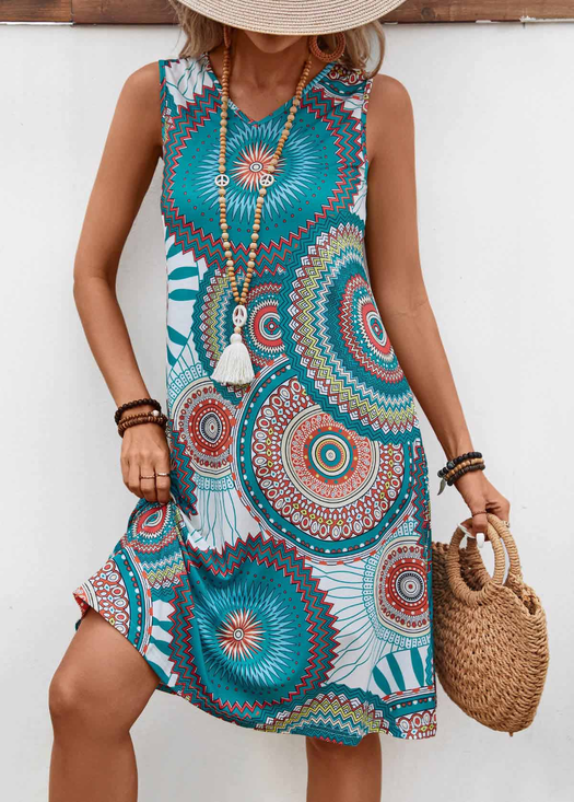 Damen Geometrisch Sommer Kleid V-Ausschnitt Ärmellos A-Linien-Kleid