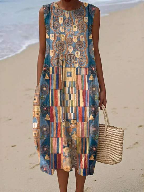 Damen Geometrisch Sommer Kleid Rundhals Ärmellos A-Linien-Kleid