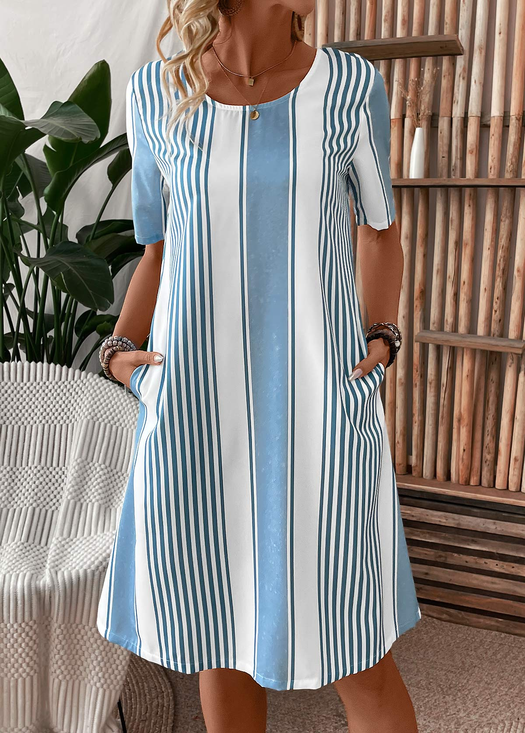 Damen Gestreift Sommer Kleid Rundhals Kurzarm A-Linien-Kleid