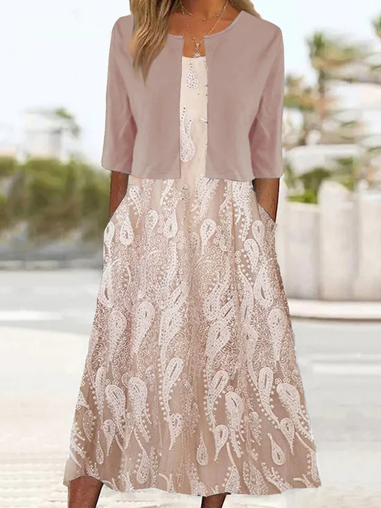 Damen Geblümt Sommer Kleid Rundhals Kurzarm A-Linien-Kleid