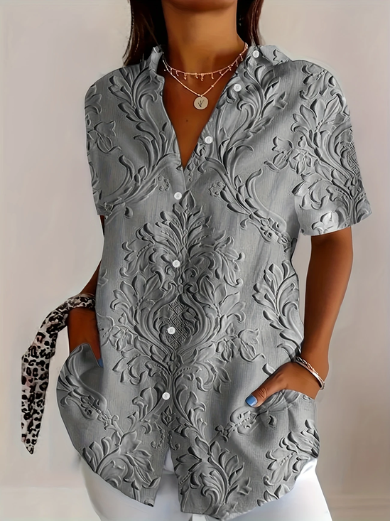 Hemdkragen Kurzarm Geblümt Print Regelmäßig Mikroelastizität Weit Knopfhemd Bluse für Damen