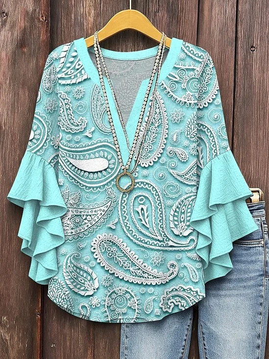 V-Ausschnitt Halbarm Paisley Regelmäßig Mikroelastizität Regelmäßige Passform Bluse für Damen
