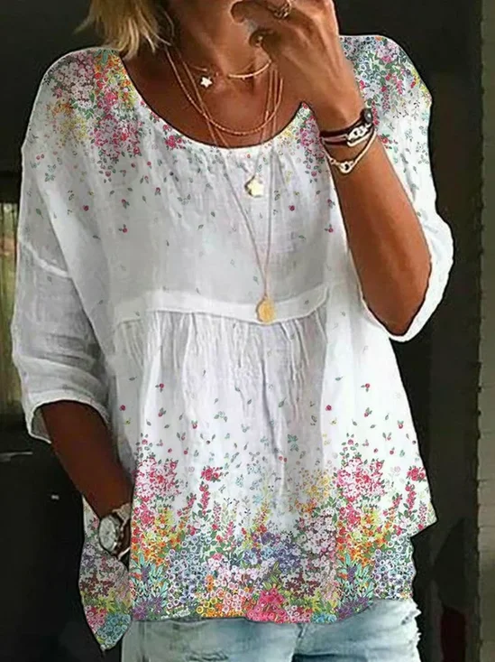 Rundhals Halbarm Geblümt Print Regelmäßig Mikroelastizität Regelmäßige Passform Bluse für Damen