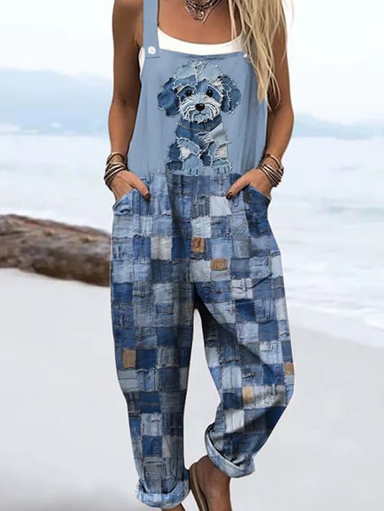 Damen Geometrisch Spaghettiträger Ärmellos Lässig Sommer Baumwolle Jumpsuit