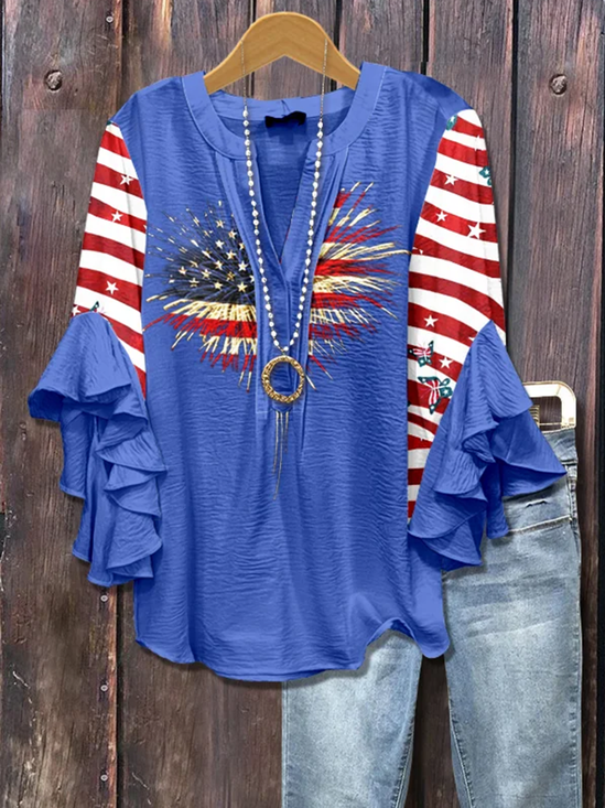 V-Ausschnitt Halbarm Amerika-Flagge Regelmäßig Mikroelastizität Regelmäßige Passform Bluse für Damen