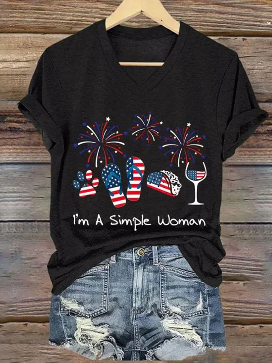 Lässig Amerika-Flagge V-Ausschnitt Kurzarm T-Shirt