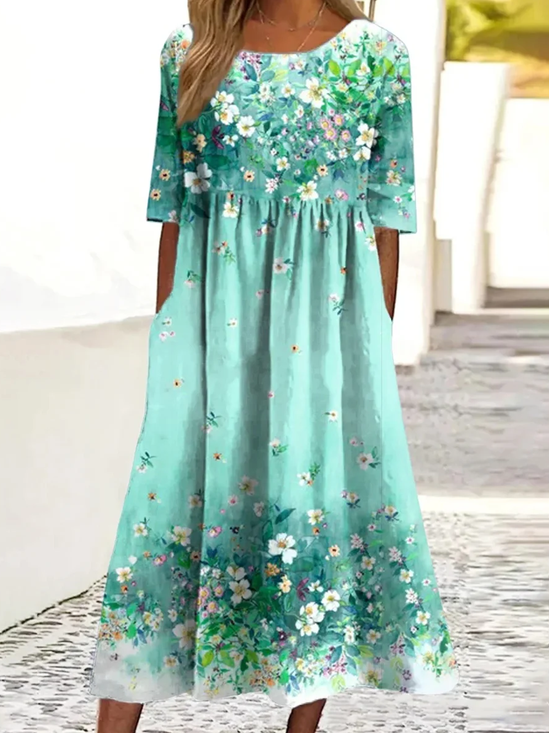 Damen Geblümt Sommer Kleid Rundhals Kurzarm A-Linien-Kleid