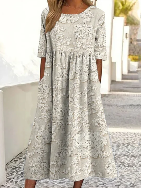 Damen Geblümt Sommer Kleid Rundhals Kurzarm A-Linien-Kleid