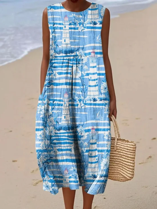 Damen Meer Sommer Kleid Rundhals Ärmellos A-Linien-Kleid