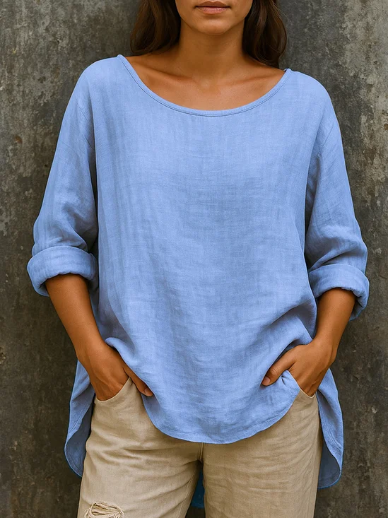 Lässig Unifarben Rundhals Langarm T-Shirt