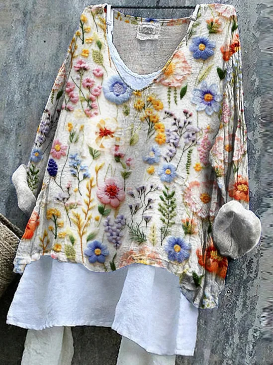 V-Ausschnitt Langarm Geblümt Regelmäßig Mikroelastizität Regelmäßige Passform Bluse für Damen
