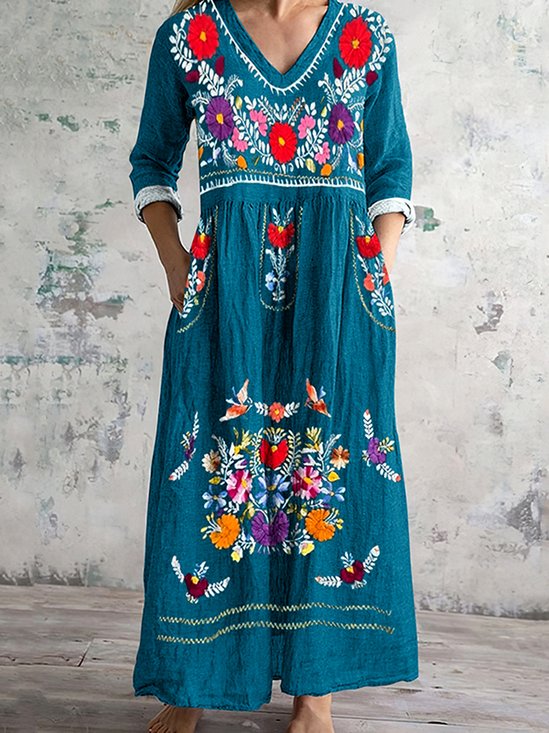 Damen Geblümt Frühling/Herbst Kleid Rundhals Langarm A-Linien-Kleid