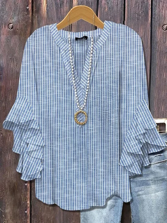V-Ausschnitt Halbarm Gestreift Print Regelmäßig Weit Bluse für Damen