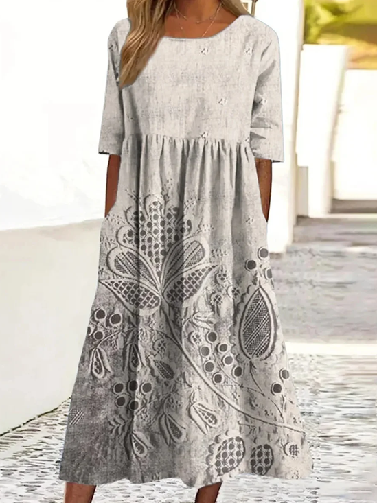 Damen Geblümt Sommer Kleid Rundhals Kurzarm A-Linien-Kleid