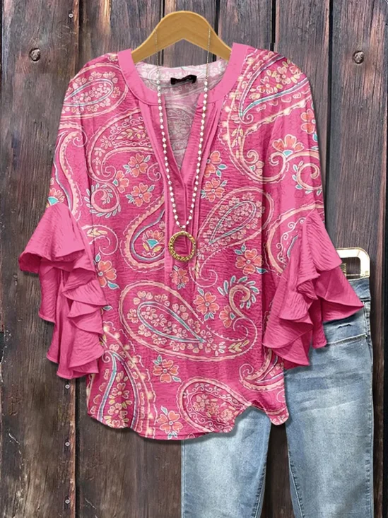 V-Ausschnitt Halbarm Paisley Regelmäßig Mikroelastizität Regelmäßige Passform Bluse für Damen