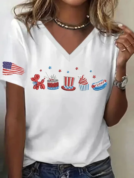 Lässig Amerika-Flagge V-Ausschnitt Kurzarm T-Shirt