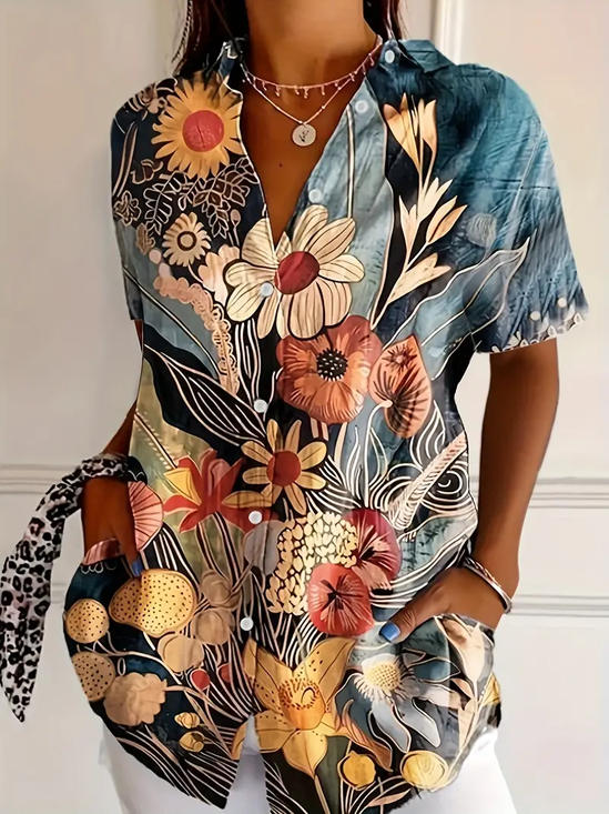 Hemdkragen Kurzarm Geblümt Print Regelmäßig Mikroelastizität Weit Knopfhemd Bluse für Damen