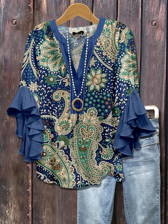 V-Ausschnitt Halbarm Paisley Regelmäßig Mikroelastizität Regelmäßige Passform Bluse für Damen