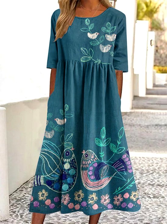 Damen Geblümt Sommer Kleid Rundhals Kurzarm A-Linien-Kleid