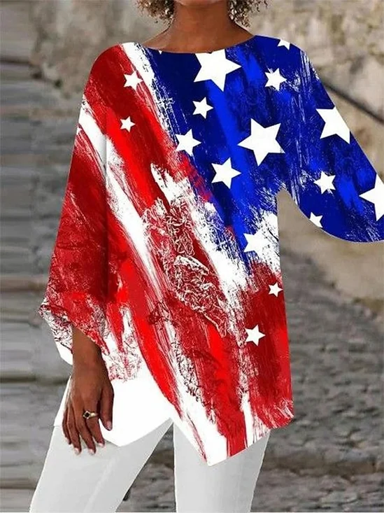 V-Ausschnitt Langarm Amerika-Flagge Regelmäßig Weit Bluse für Damen