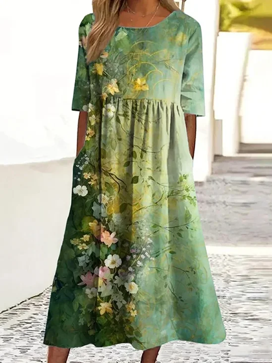 Damen Geblümt Sommer Kleid Rundhals Kurzarm A-Linien-Kleid