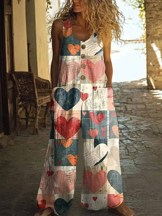 Damen Geometrisch Rundhals Ärmellos Lässig Sommer Baumwolle Jumpsuit