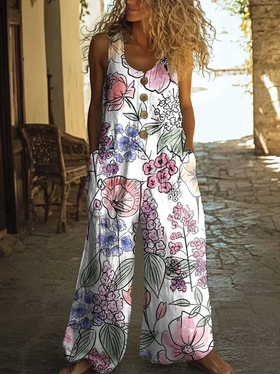 Damen Geblümt Rundhals Ärmellos Lässig Sommer Baumwolle Jumpsuit