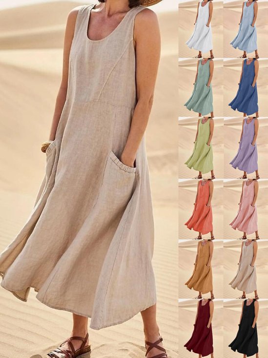 Damen Unifarben Sommer Nahtverarbeitung Kleid Rundhals Ärmellos Passen & Flare Kleid A-Linien-Kleid